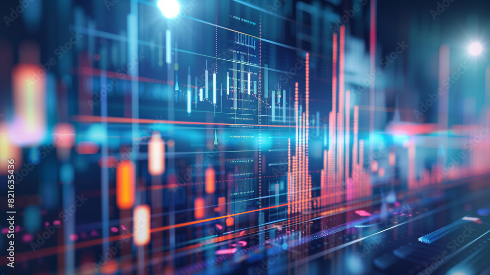 Poster abstract digital data visualization with futuristic glowing lines and graphs, representing finance, 