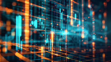 Fototapeta premium Abstract digital data background with bright blue and orange lines, representing information flow and high-tech communication networks.