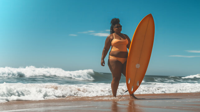 Plus size Beautiful black woman going surfing on the beach. Copy space. The concept of summer vacation, body positivity, vacation travel - Powered by Adobe