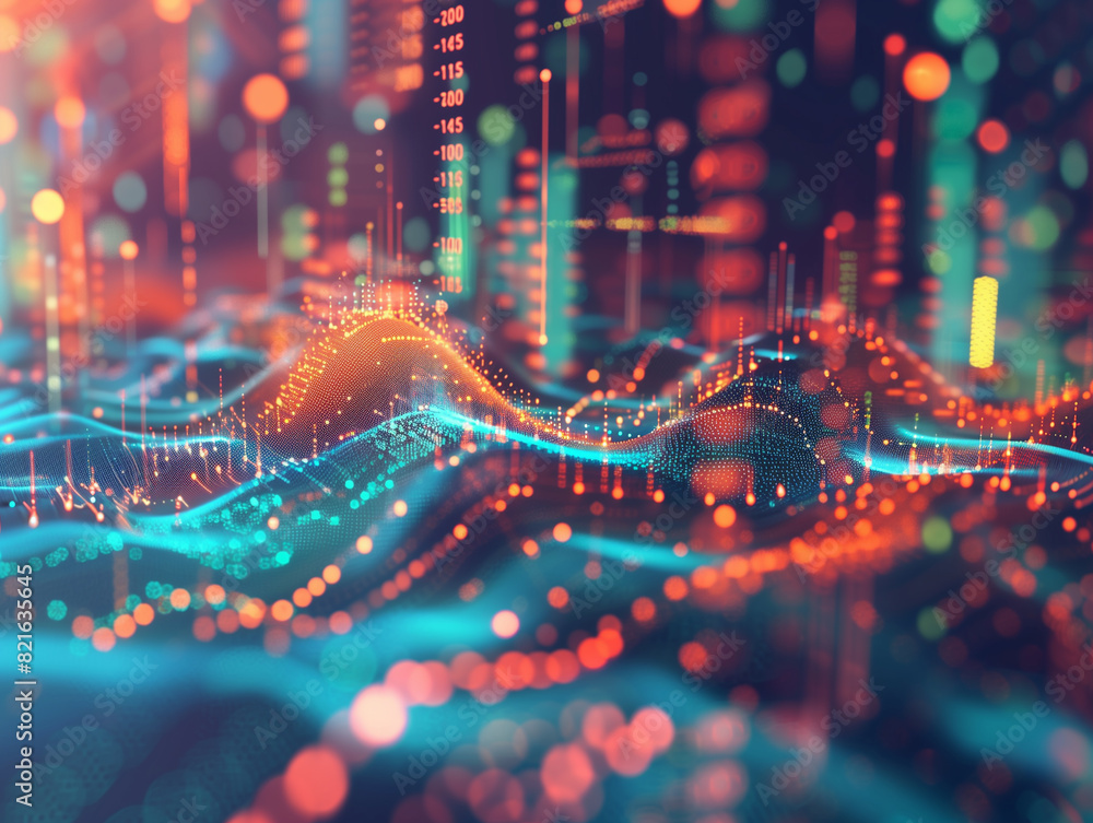 Poster abstract glowing electronic data visualization with dots, lines, and graphs in neon colors. represen