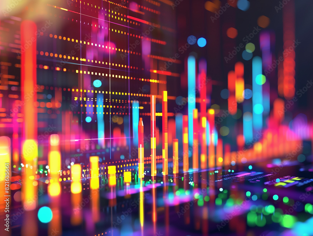 Poster abstract image of a colorful digital data chart with vibrant lights representing financial statistic