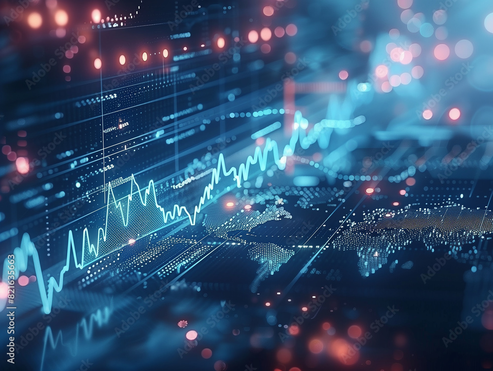 Poster abstract image of digital financial graph with bright data points and futuristic design concept, ide