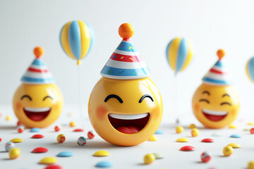 Obraz premium Smiling funny faces emoji with balloons and party hat. Birthday banner or card