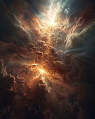 A colorful space scene with a bright orange cloud in the middle. The clouds are scattered throughout the sky and the colors are vibrant. Scene is one of wonder and awe