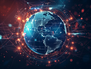 Fototapeta premium Digital representation of Earth at night with interconnected lines and glowing nodes, symbolizing global network and communication technology.