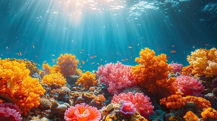 A dying coral reef with vibrant colors faded to white conceptual illustration of ocean acidification and the loss of biodiversity in marine ecosystems.