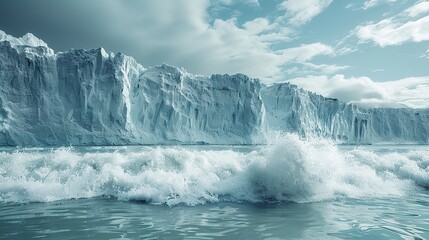 A glacier collapsing into the sea with thunderous waves conceptual illustration of rapid glacial melt and rising sea levels.