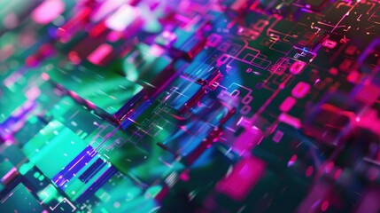 Fototapeta premium A colorful image of a computer chip with a green background. The image is abstract and has a futuristic feel to it