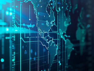 Obraz premium Futuristic digital world map with data connections visualizing global communication and network technology on a glowing screen.