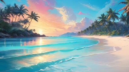 Tropical beach scene with crystal-clear waters, white sand and palm trees