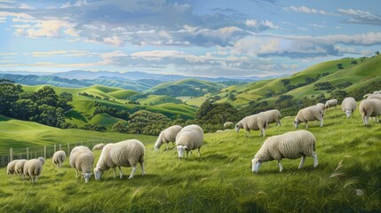 A herd of sheep grazing in a lush green field. The scene is peaceful and serene, with the sheep scattered throughout the field, some closer to the foreground and others further back. The grass is tall