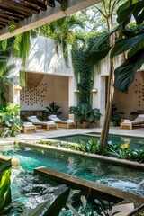 Fototapeta premium A lush green courtyard with a pool and a tree. The pool is surrounded by lounge chairs and a few potted plants. Scene is serene and relaxing, perfect for unwinding and enjoying the outdoors
