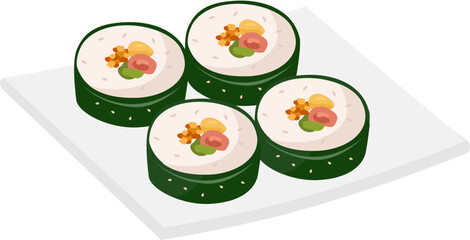 Gimbap or Korean Seaweed Rice Rolls.  Traditional Korean Food Gimbap or Kimbap. Rice, meat, Kim chi and vegetables roll with seaweed. Authentic Asian food, Korean street food, a slice of rice roll..