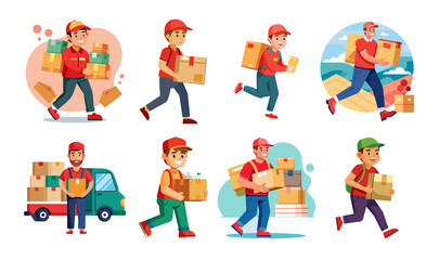  delivery person set delivering boxes Vector

