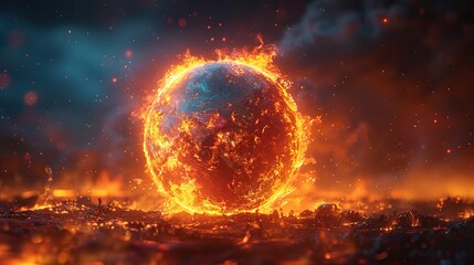 A globe on fire with flames consuming the continents conceptual illustration of the severity of global warming and climate emergencies.