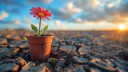 A wilted flower in a pot with a backdrop of a dry, cracked landscape conceptual illustration of the challenges facing plant life in changing climates.