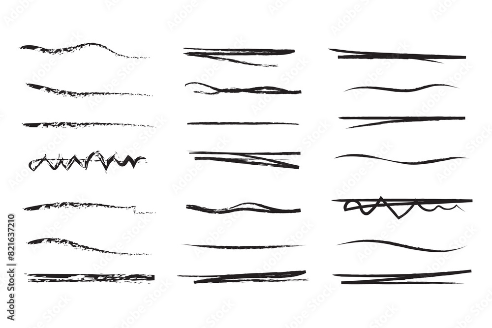 Poster charcoal strokes. set of black hand drawn brush lines different forms on white background. rough cha