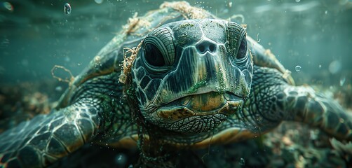 Obraz premium A turtle caught in a plastic net floating in polluted waters conceptual illustration of the devastating impact of plastic pollution on marine life.