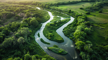 Aerial view of a winding river in a protected conservation area.