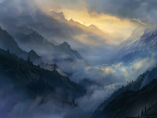 A mountain range with a cloudy sky and a sun in the background. The mountains are covered in trees and the sky is filled with clouds - Powered by Adobe
