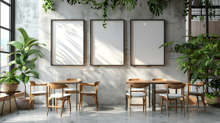 Interior of a Modern Cafe with Blank Posters on the Wall, Cozy and Contemporary Coffee Shop Design, Stylish Cafe Interior with Empty Frames for Custom Artwork, Generative AI

