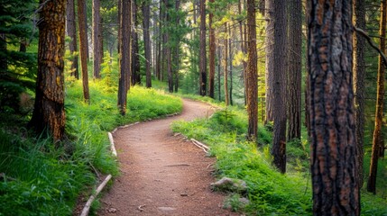 Fototapeta premium A path through a forest with trees on both sides. The path is lined with grass and there are some rocks on the ground