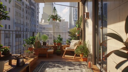 Fototapeta premium A balcony with a view of the city and a variety of potted plants. The plants are arranged in different pots and vases, and there is a chair and a bench for seating. Scene is peaceful and relaxing