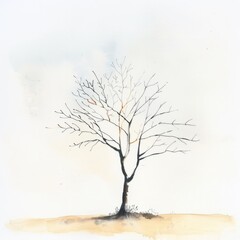 Watercolor painting of a minimalist tree with a slender trunk and few branches, against a soft pastel sky, on isolated white background, Generative AI