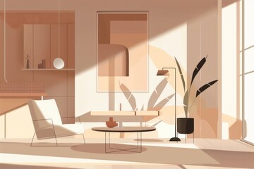 Obraz premium A drawing of a living room with a white chair, a coffee table, a potted plant, and a vase. The room is bright and airy, with sunlight streaming in through a window