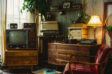 A living room with a TV, a typewriter, and a lamp. The room has a vintage feel to it