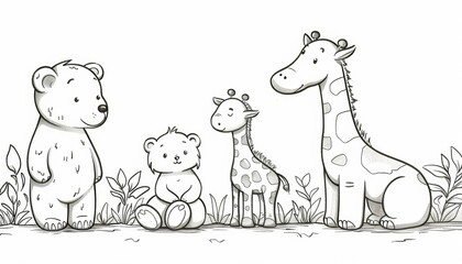 Simple line drawing for coloring of Animals: cats, dogs, bears, giraffes, elephants depicting a separate story, event, thick lines for easy coloring by children, cartoon style, white background