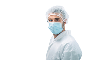 Portrait of a male doctor wearing medical or surgical mask, isolated on transparent background