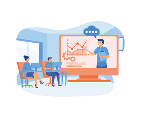 Online training courses for employees, training skills enhancement, people sit at a conference and look at the big screen. flat vector modern illustration