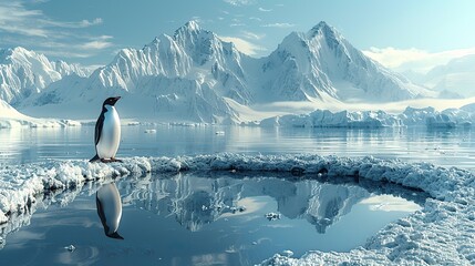 A glacier melting into a puddle of water with a stranded penguin conceptual illustration of the rapid ice melt and its impact on Antarctic ecosystems.