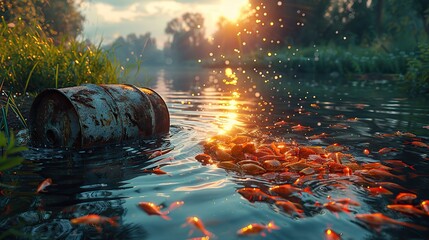 An oil barrel leaking into a river with dead fish floating conceptual illustration of pollution and...