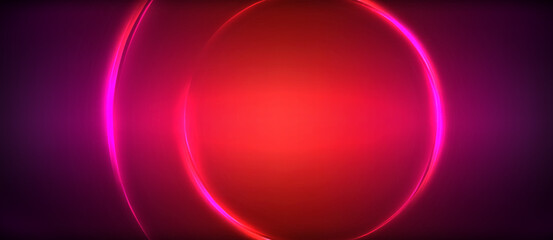 Neon glowing circle rays, light round lines in the dark, planet style neon wave lines. Energetic electric concept design for wallpaper, banner, background