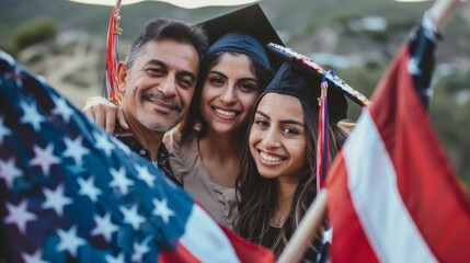 Graduate posing with family and USA flags, close up, proud achievement, vibrant, Multilayer, outdoor setting backdrop