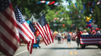 Memorial Day parade with flags and banners, selective focus, community pride, ethereal, Multilayer, main street backdrop