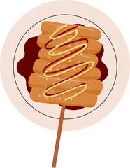 Sotteok or Korean Rice Cake Skewers. Vector illustration of traditional Korean street food rice cake skewers with sausage or Sotteok. Traditional korean street food rice cake skewers. 