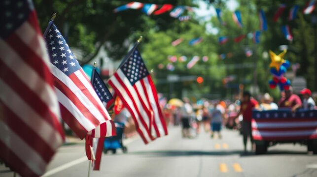 Memorial Day parade with flags and banners, selective focus, community pride, ethereal, Multilayer, main street backdrop