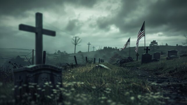 Memorial Day procession with half-staff flags, close up, graveside respect, realistic, Manipulation, hillside cemetery backdrop