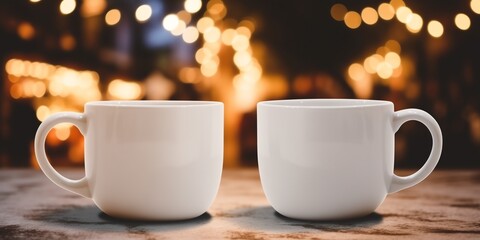 two white cups on a table