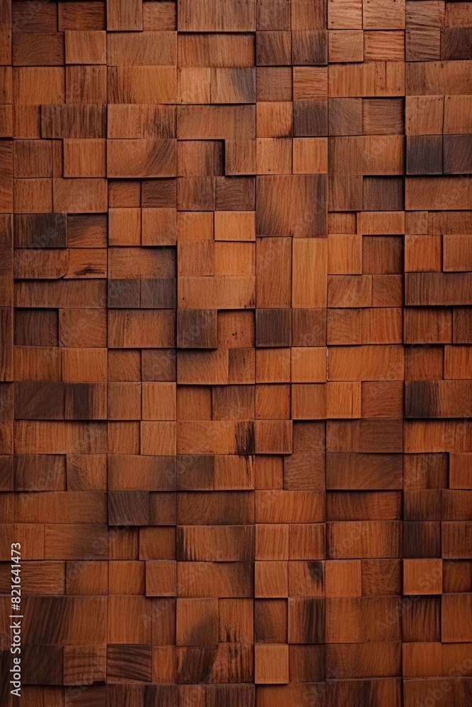 Poster a wooden wall with a brown and tan color scheme. the wall is made up of wooden blocks, which are arr