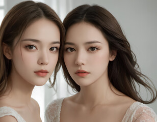 Close-Up Portrait of Two Young Women with Long Hair, Looking at Camera