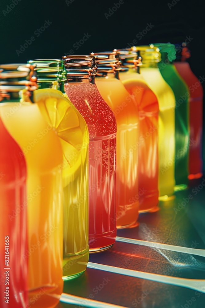 Aufkleber a row of colorful bottles of juice lined up on a table. the bottles are of different colors, includi