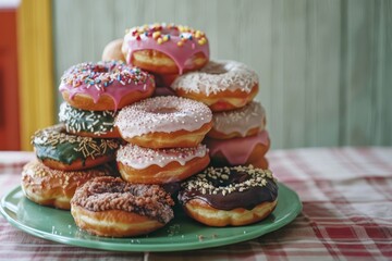 A plate of assorted donuts with different colors and toppings. Concept of abundance and variety, as there are many different types of donuts on the plate. The donuts are piled on top of each other
