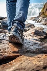 A person is walking on a rocky shoreline with a stream running through it. The person is wearing a pair of blue jeans and a black shoe
