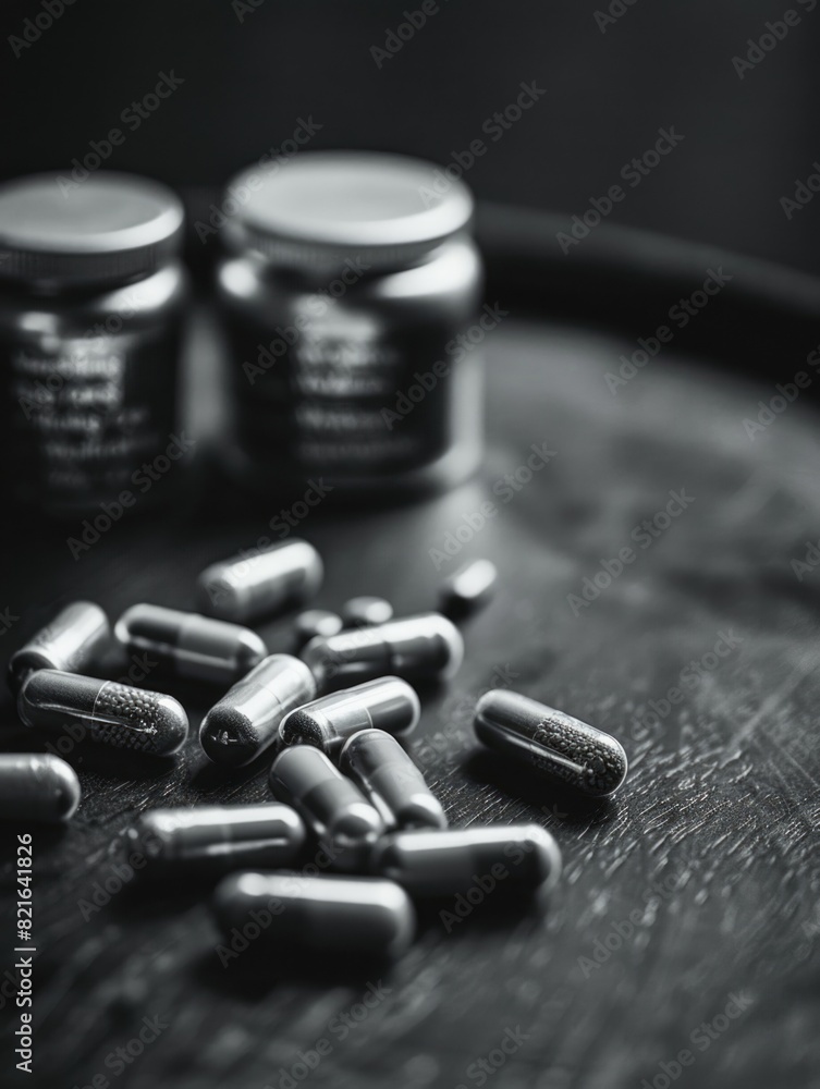 Poster a jar of pills is on a table with a few other jars. the pills are scattered on the table and appear 
