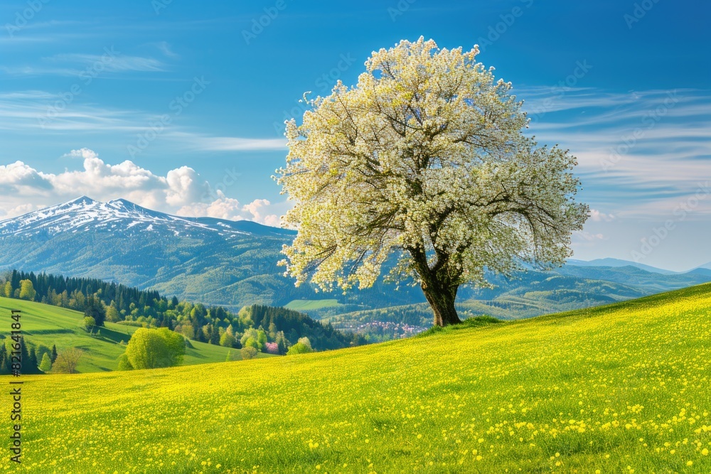 Poster a large tree stands in a field of grass with a clear blue sky above. the scene is peaceful and seren