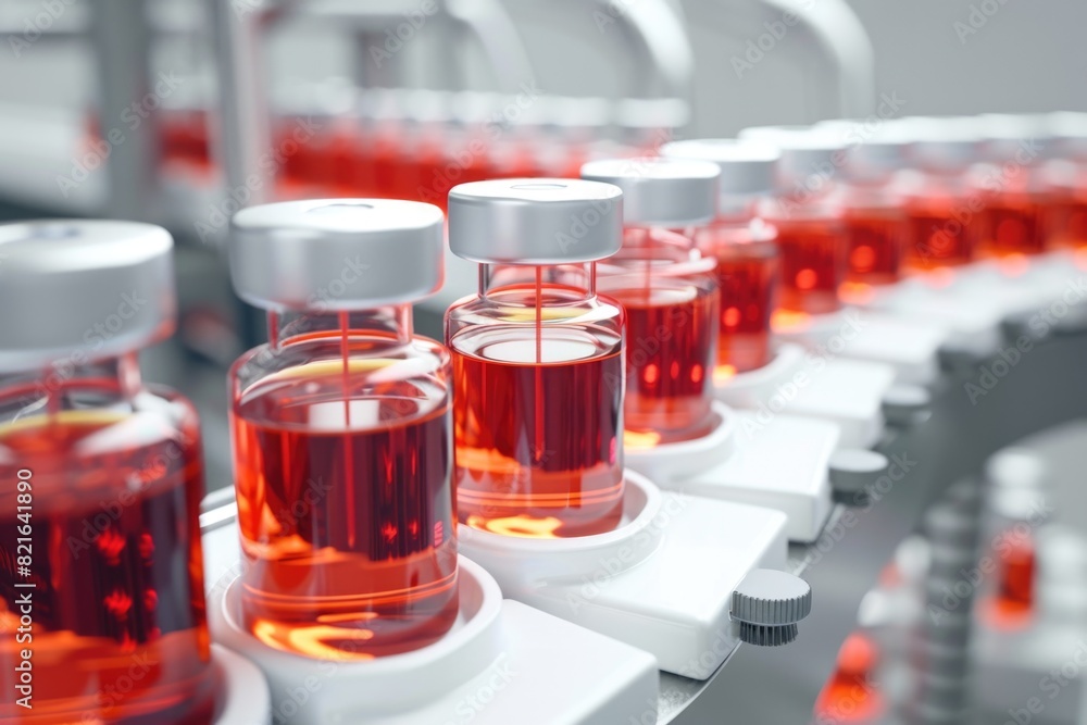 Poster a row of red bottles with white tops are lined up on a conveyor belt. the bottles are filled with a 
